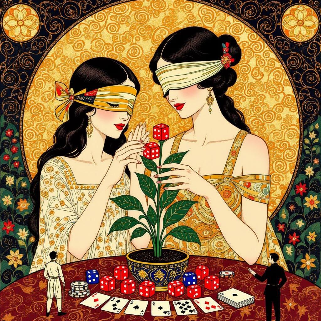 Blindfolded Woman Waters Dice Plant in Klimt Style