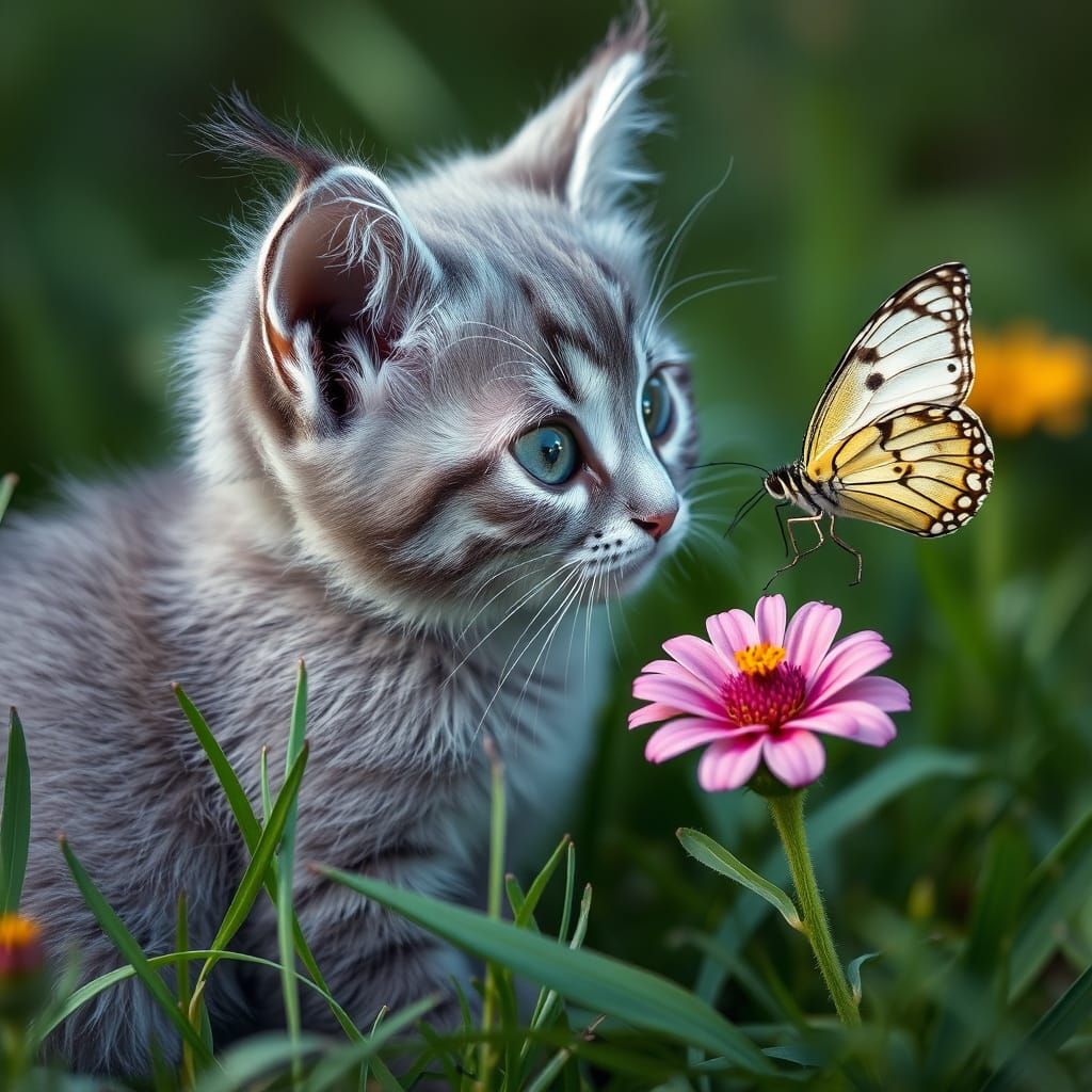 Gentle Grey Cat Watches a Butterfly in Bloom