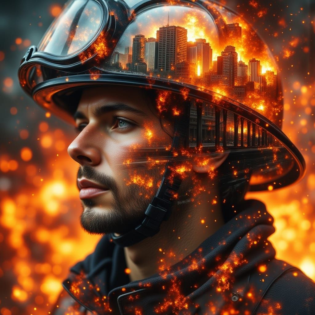 Firefighter Portrait with Ember Glow and Collapsing Walls