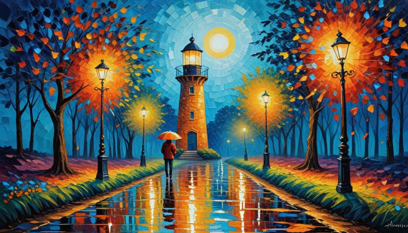 Man in Turquoise Coat Beside Bronze Lighthouse at Twilight