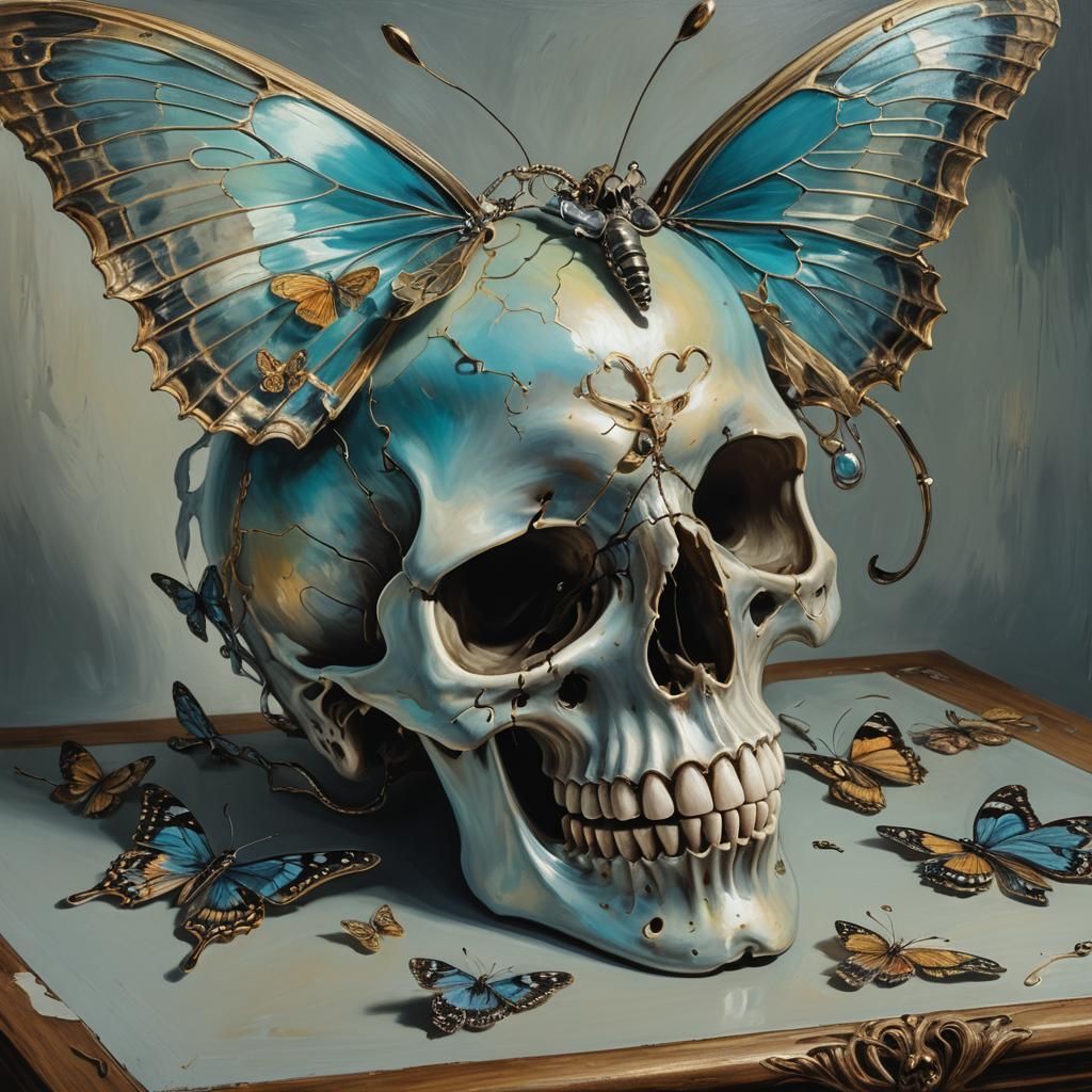 Skull with Butterfly in Eye Socket: Surrealist Oil Painting