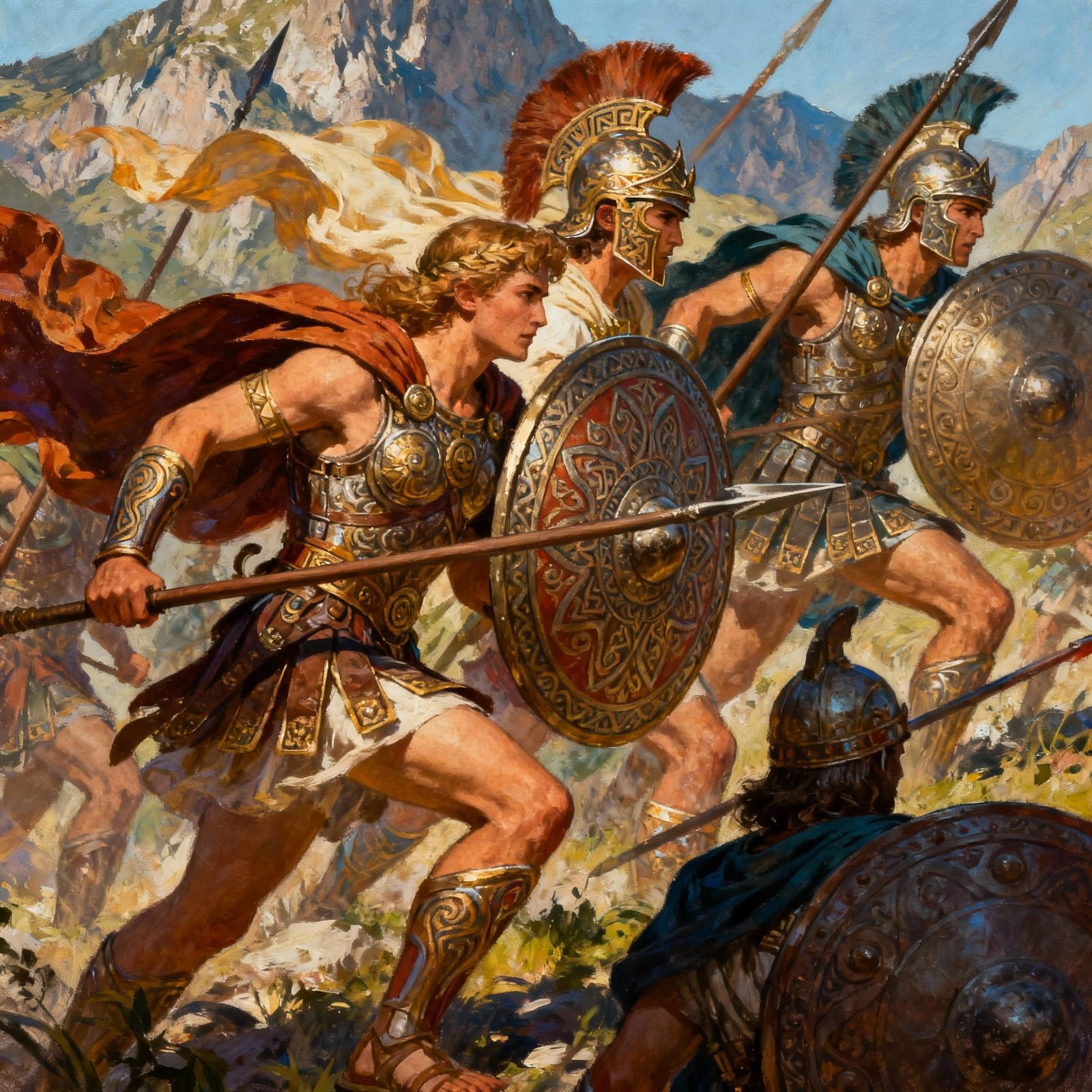 Ancient Greek Warriors in Children's Book Illustration Style