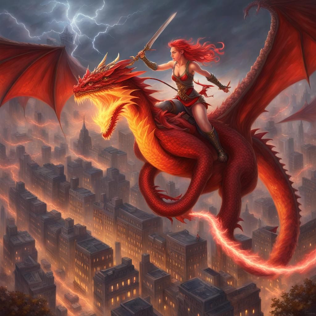 Warrior Girl on Dragon over City, Ethereal Fantasy