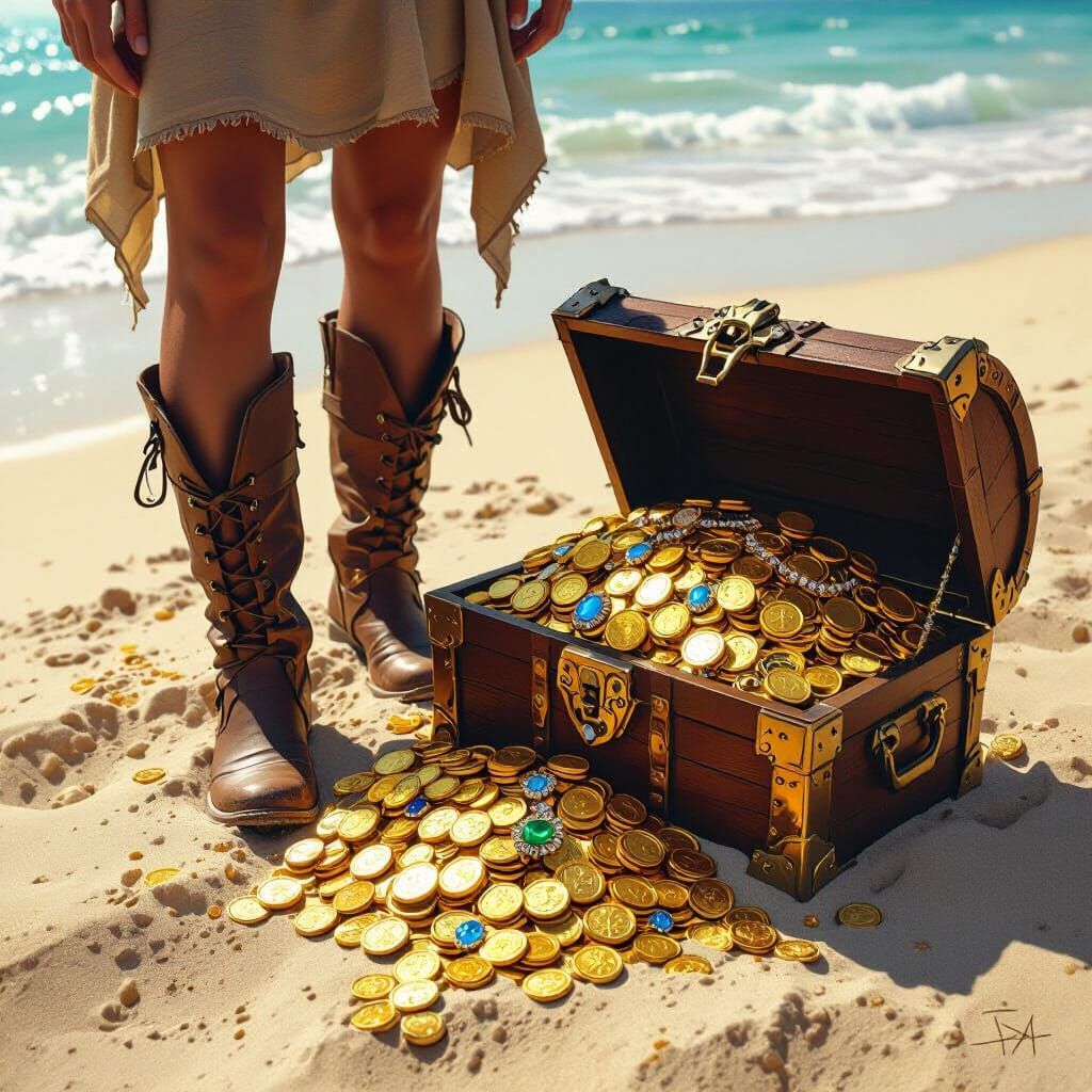 Treasure Chest and Boots on Sunny Beach