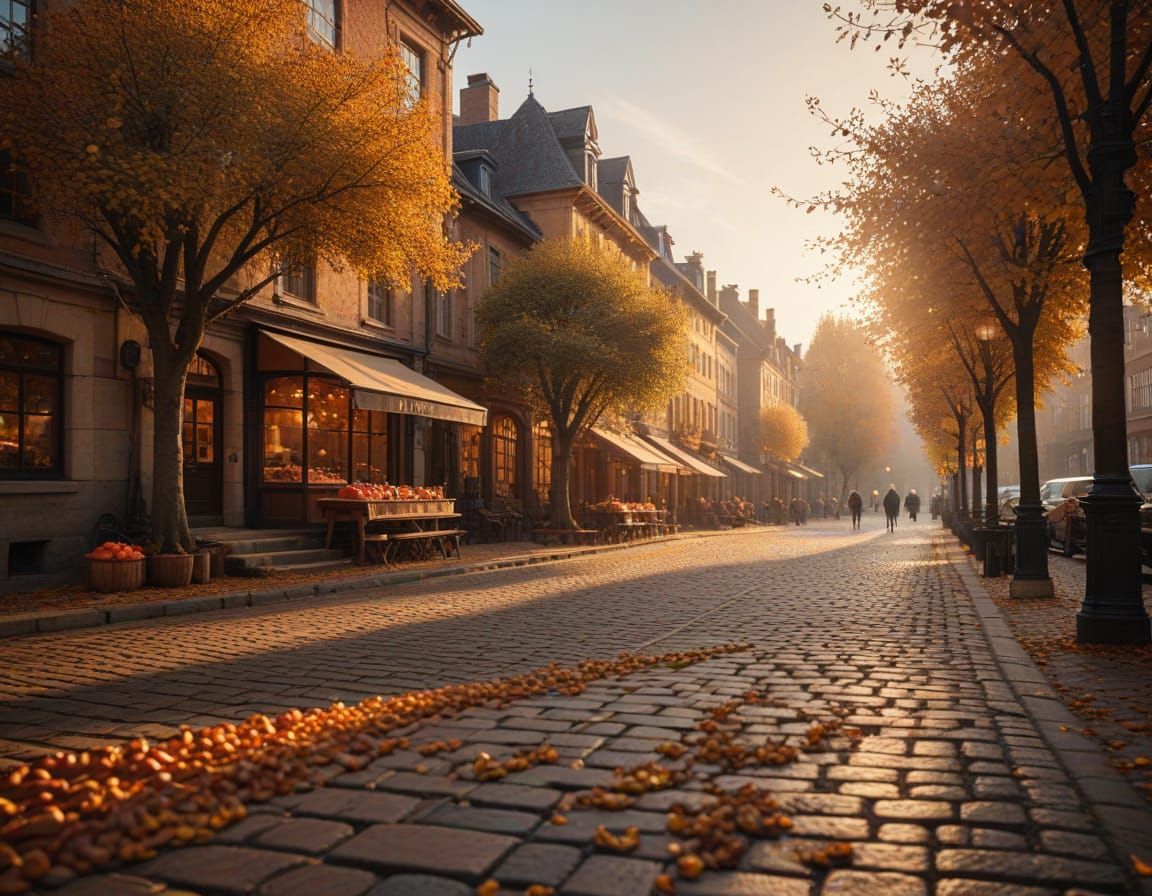 Autumnal Apple Town Square in Vibrant Cinematic Style