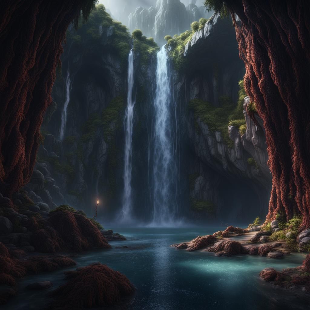 Mysterious Waterfall Cave: Detailed Fantasy Concept Art