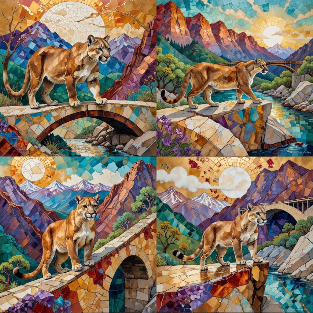 Cute and Fierce Mountain Lion in Vibrant Kintsugi Style