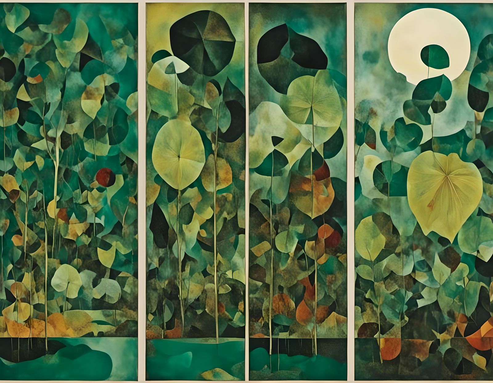 Woodcut Triptych: Frappe, Bali Volcano, Burger