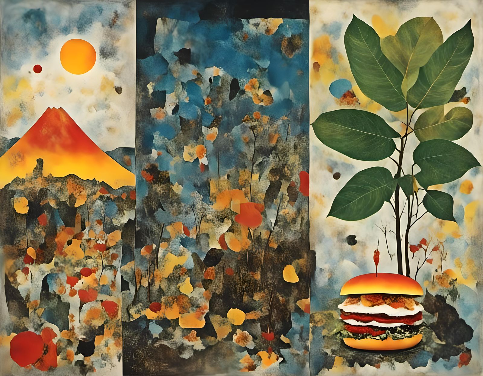 Woodcut Triptych: Frappe, Batur Volcano, Burger