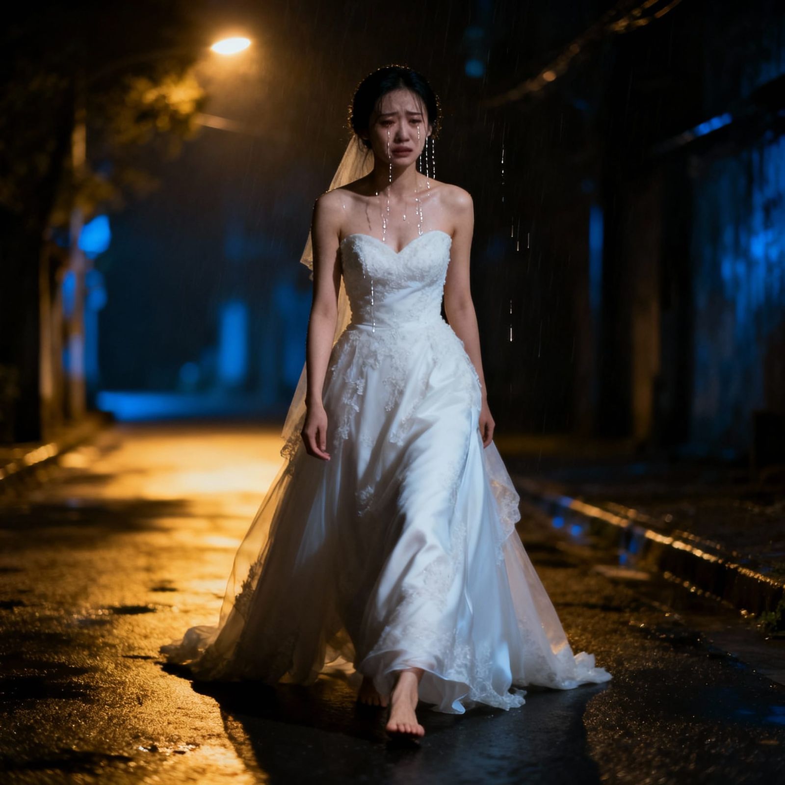 Tearful Chinese Bride in Dramatic Night Scene