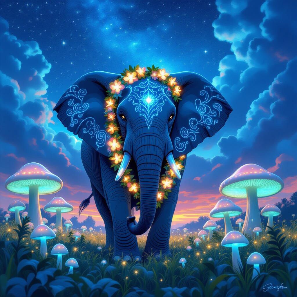 Elephant with Celestial Patterns Amidst Glowing Mushrooms