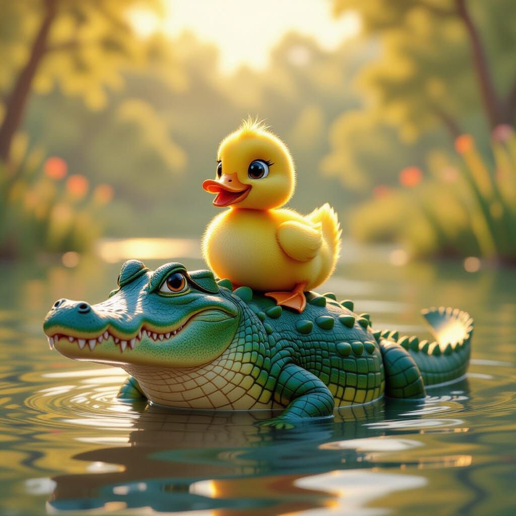 Adorable Alligator Rides Duckling in Pixar Style