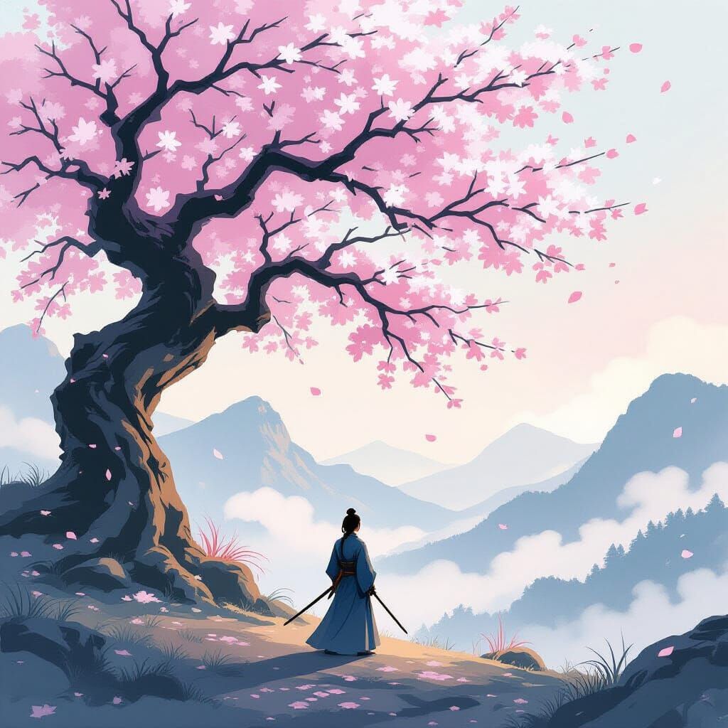 Samurai Meditating Under Ancient Cherry Blossom Tree