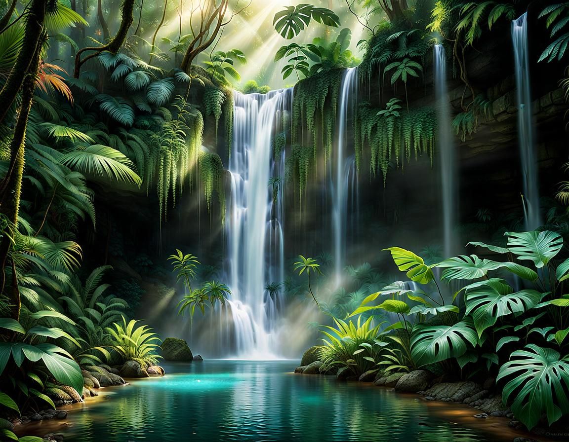 Lush Rainforest Waterfall with Serene Pool