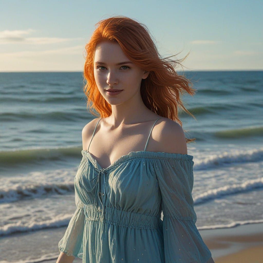 Serenely Standing Beach Goddess in Vibrant Orange Hair