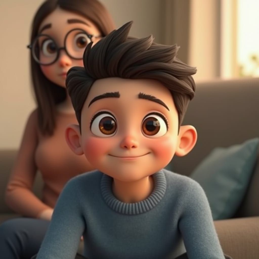 Charming 3D Portrait of Boy and Mother