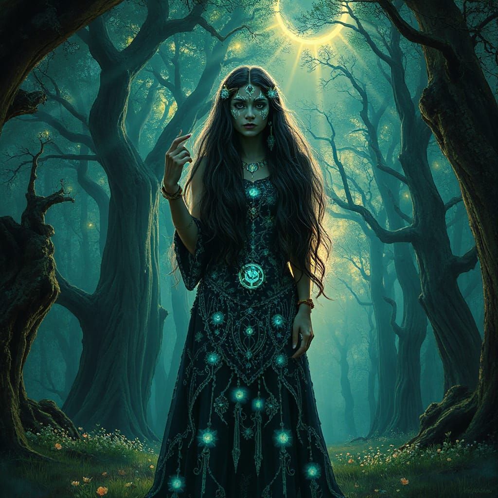 A lone druidess stands in a grove of luminous, ancient trees...