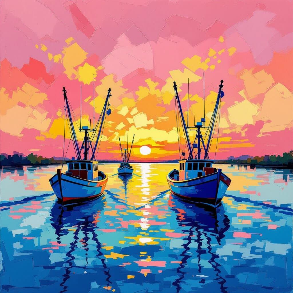 Shrimp Boats Return to Bayou at Sunset in Abstract Style