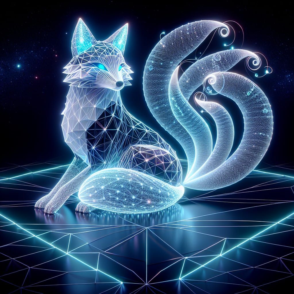 Elegant Neon Kitsune Composed of Crystalline Shapes