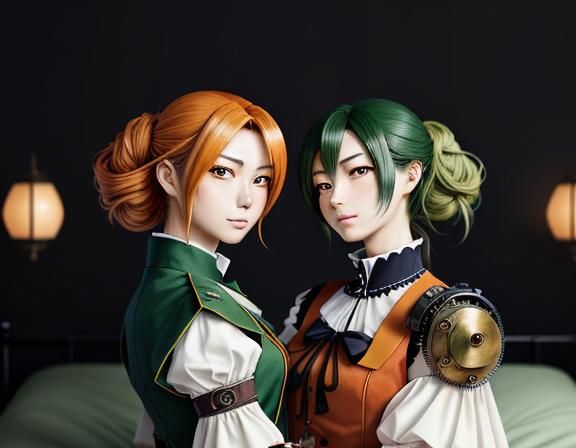 Kemono Twin Sisters Kiss in Manga Steampunk Style