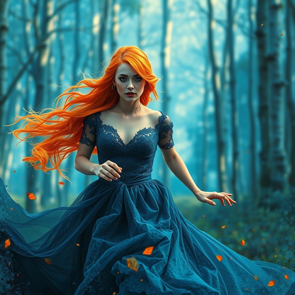 Woman in Ballgown Runs Through Blue Forest