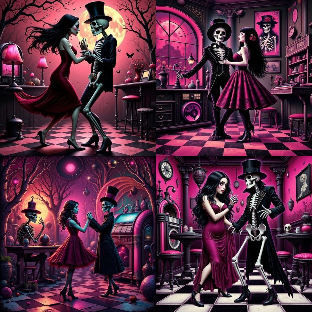 Gothic Girl Dancing with Skeleton in Cafe