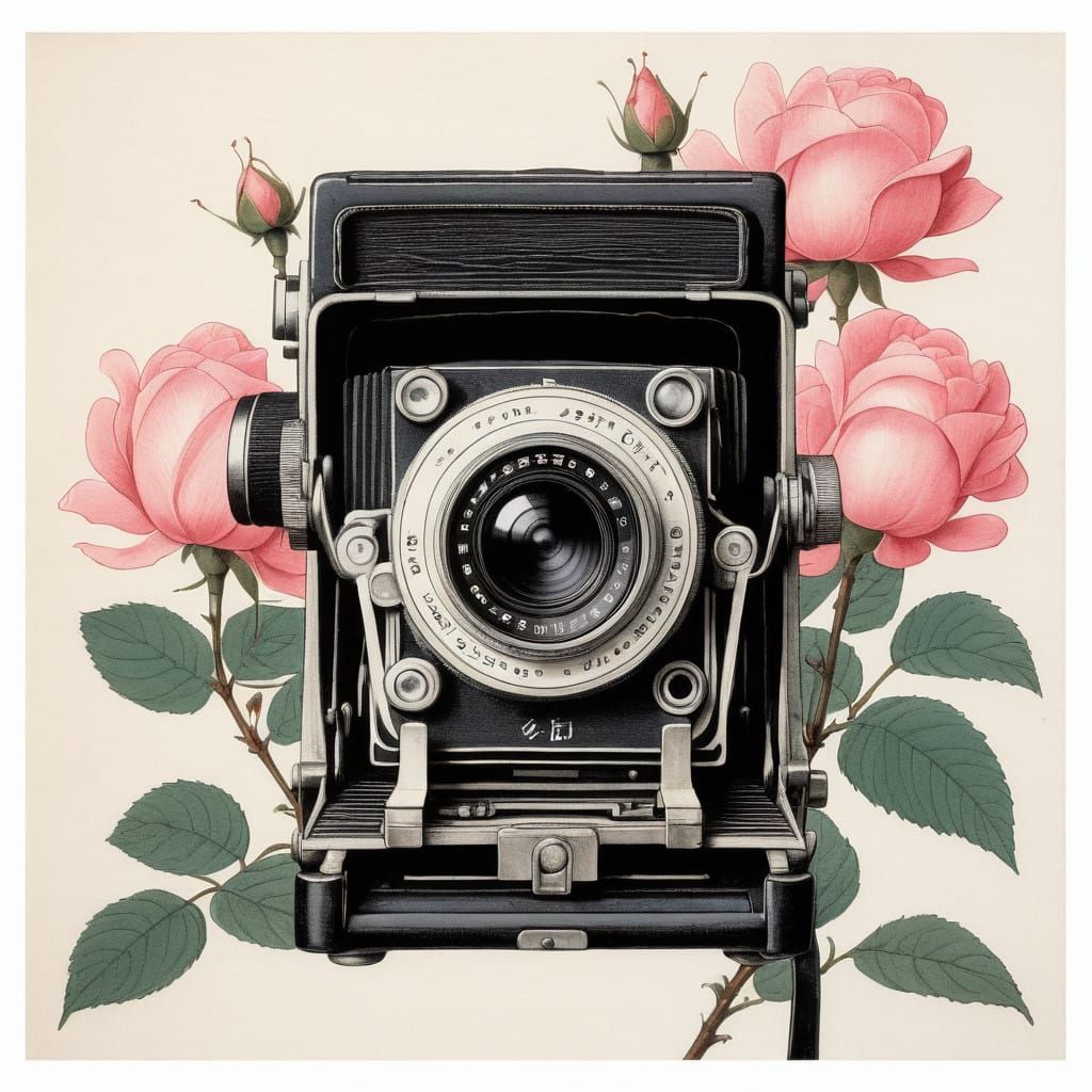 Vintage Camera Amidst Romantic Roses in Soft Pastel Hues