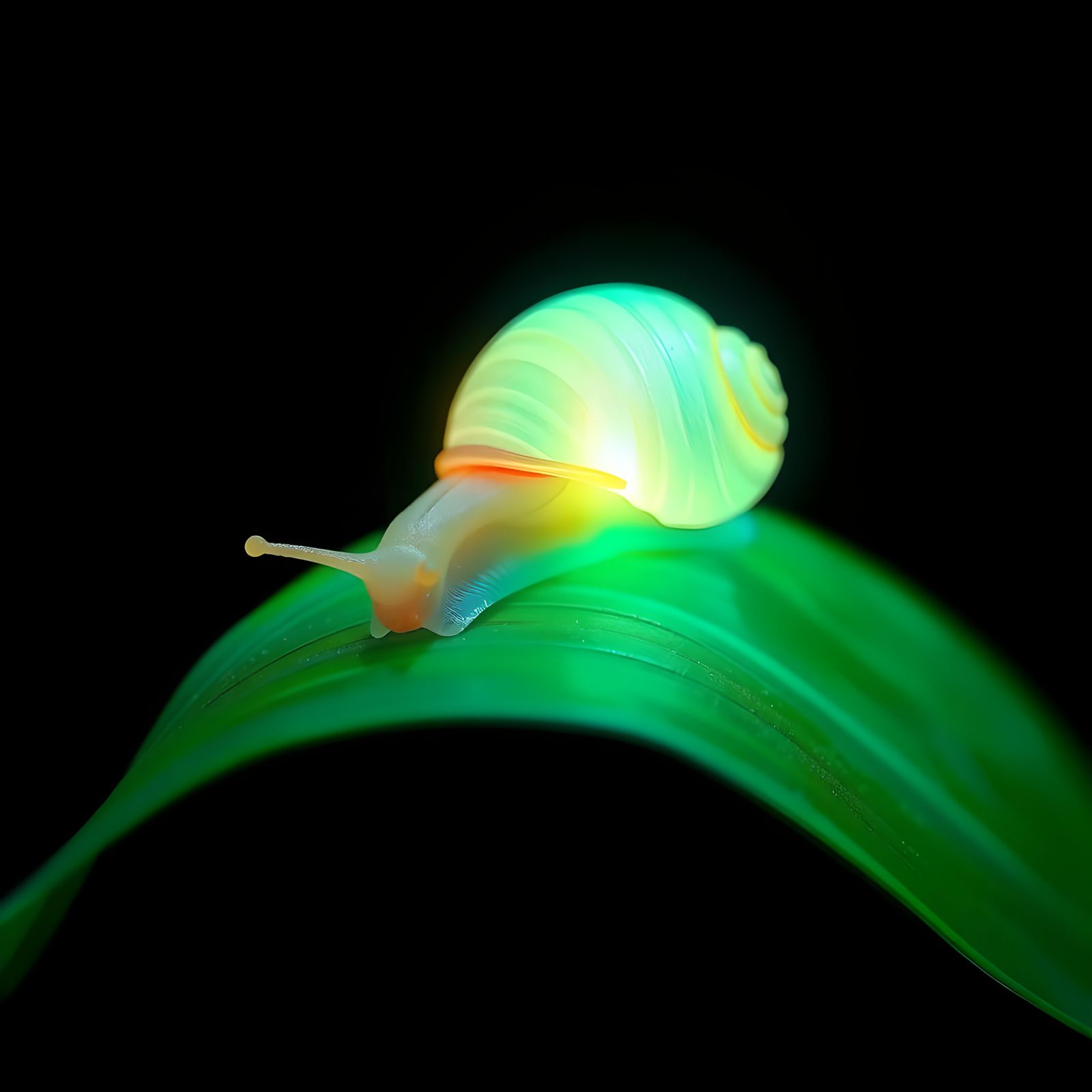 Bioluminescent Snail on Green Leaf: Fantasy Concept Art