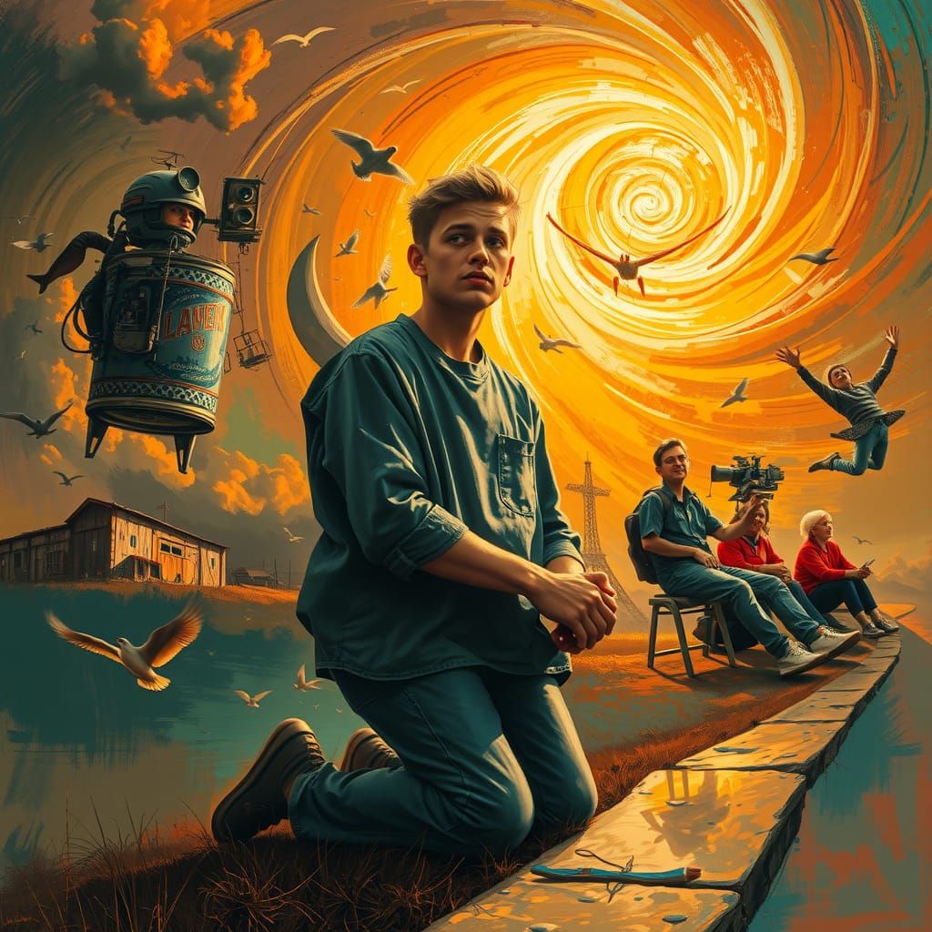 Man Kneeling in Reverence Amid Kaleidoscopic Memories