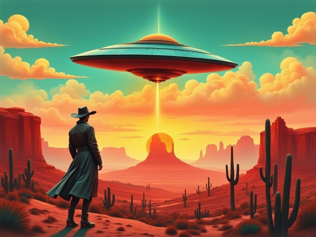 Retro-Futuristic Cowboy in Surreal Western Landscape
