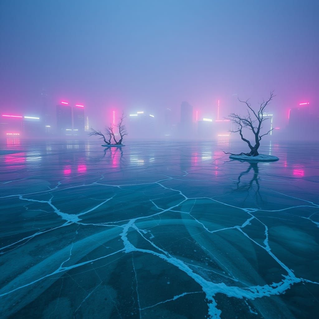 Frozen Lake Reflects Dystopian Cityscape in Cyberpunk Style
