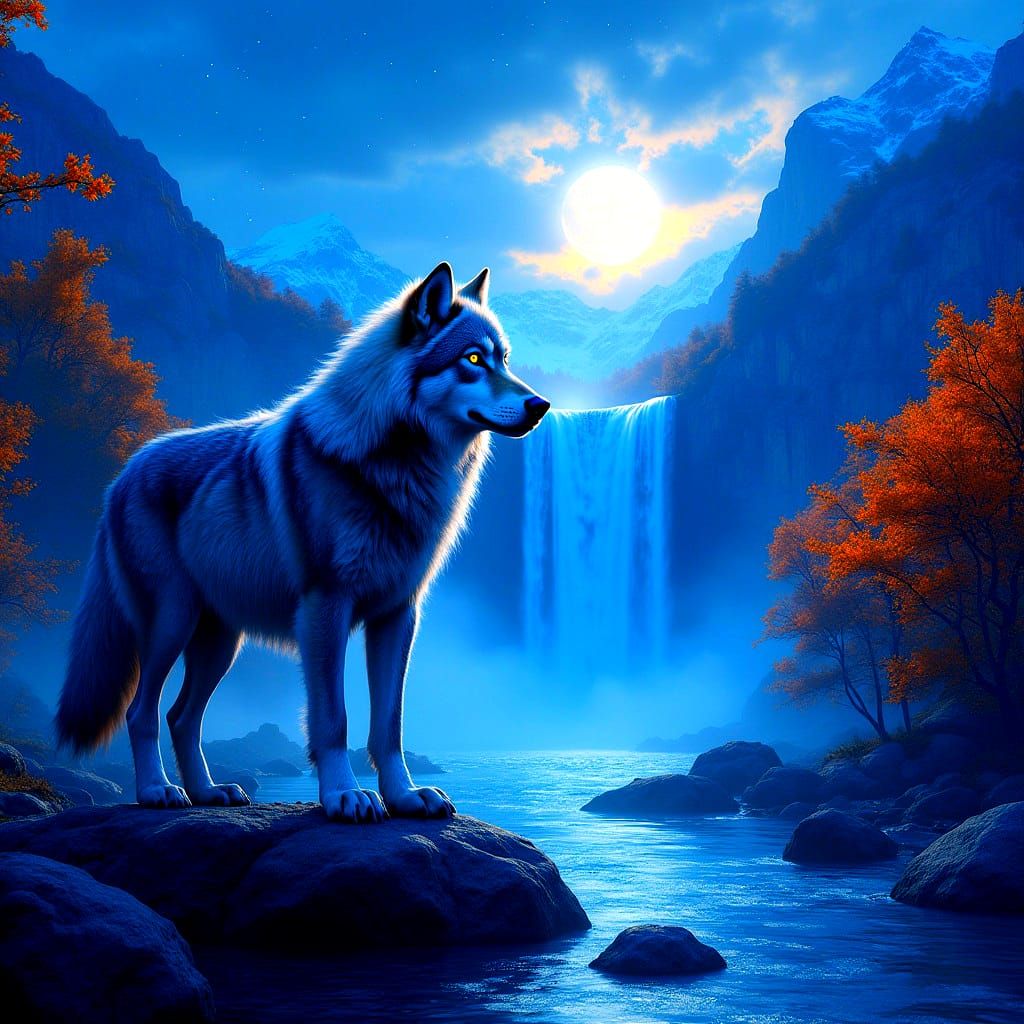 Mystical Wolf in Autumn Mountain Landscape
