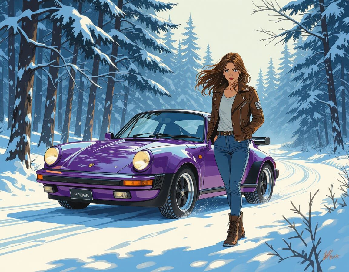 Anime Woman with Purple Porsche in Winter Landscape