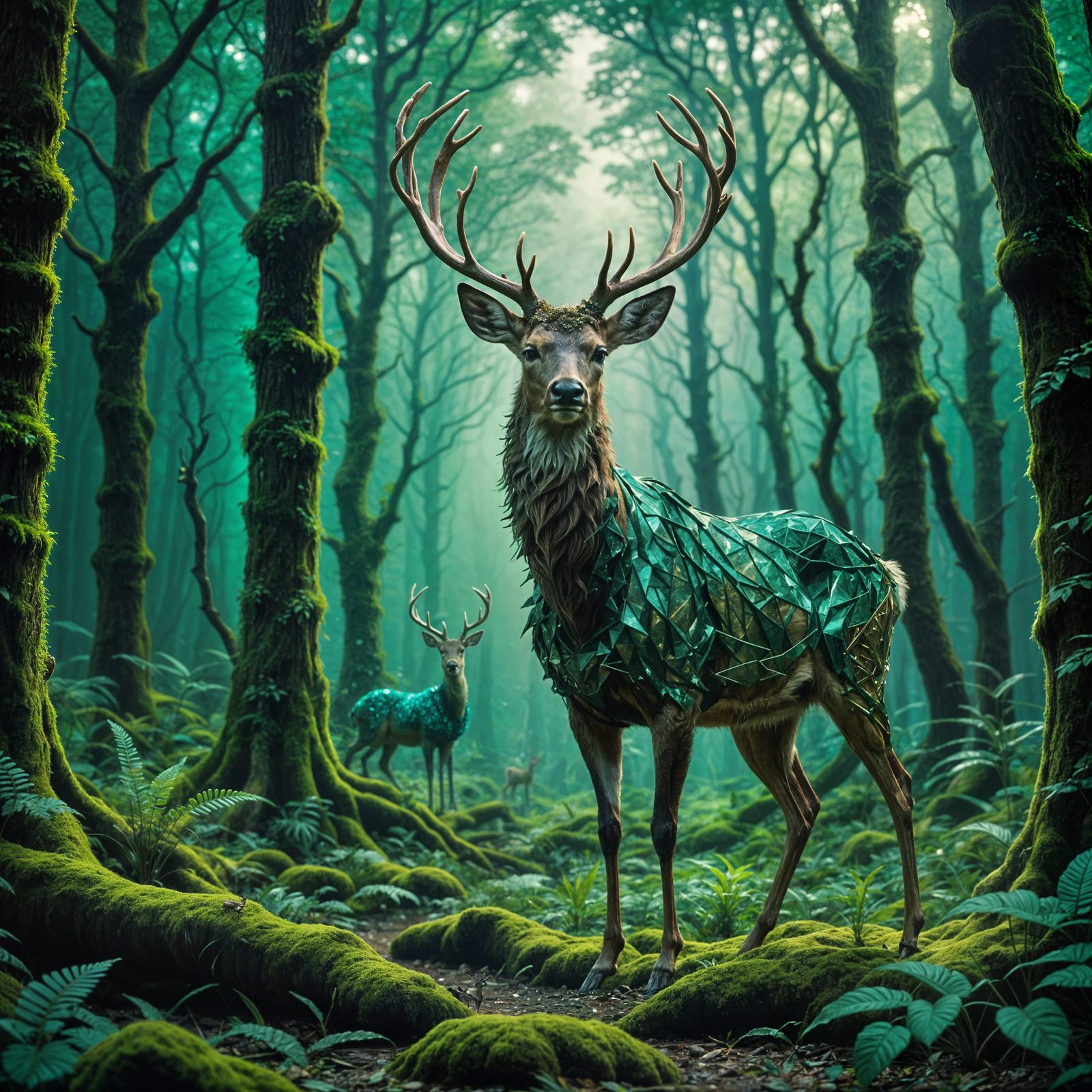 Mystical deer dancing in an emerald forest