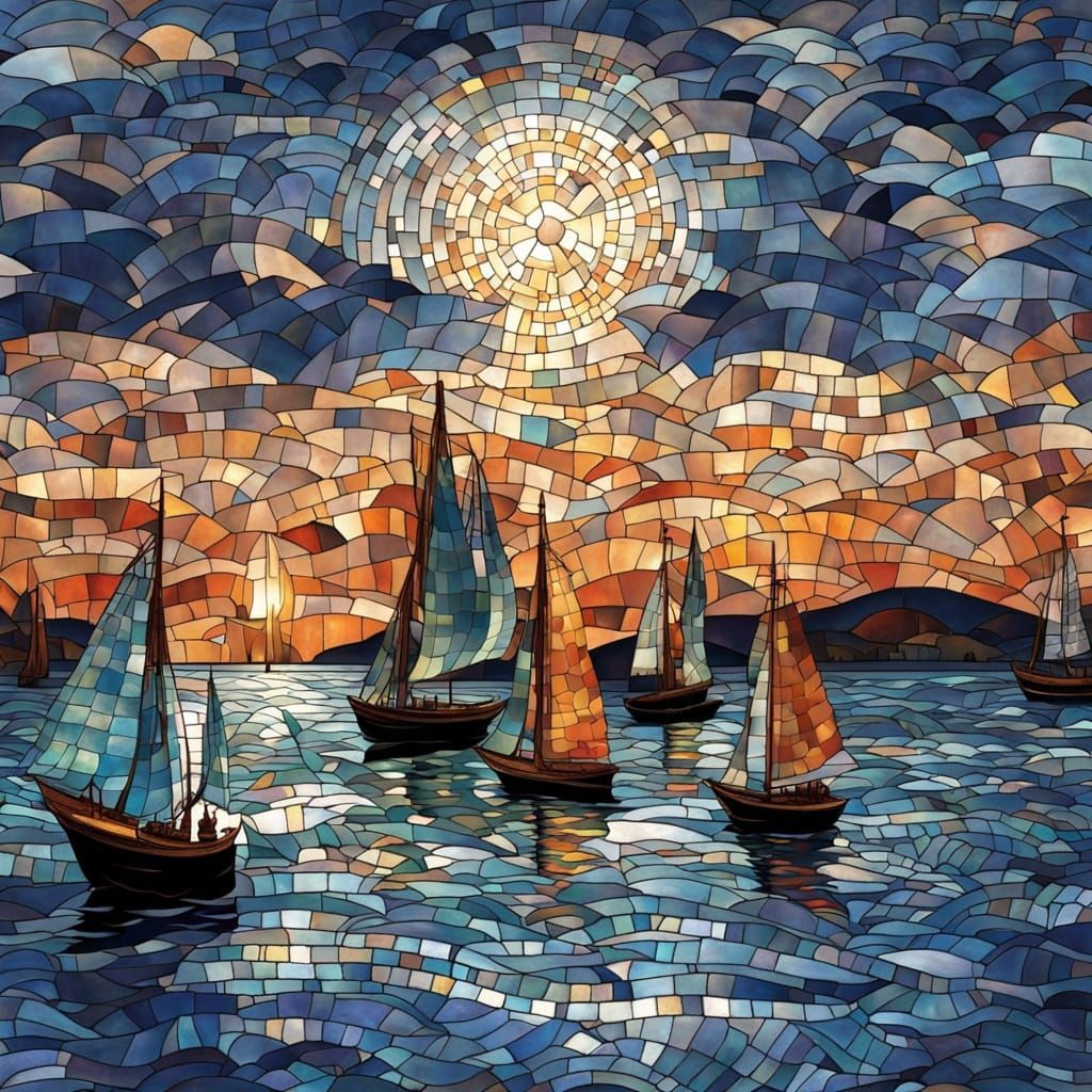 Moonlit Harbor with Stained-Glass Mosaic Ships