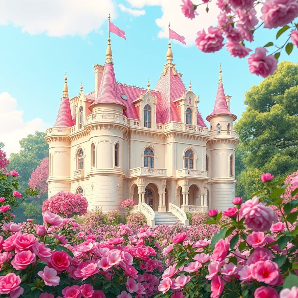 Elegant Off-White Castle with Soft Pink Roof and Whimsical G...