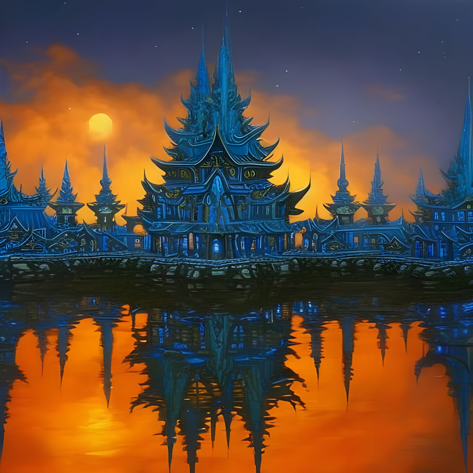 Mystical Blue Elvish Temple Under Blue Moon