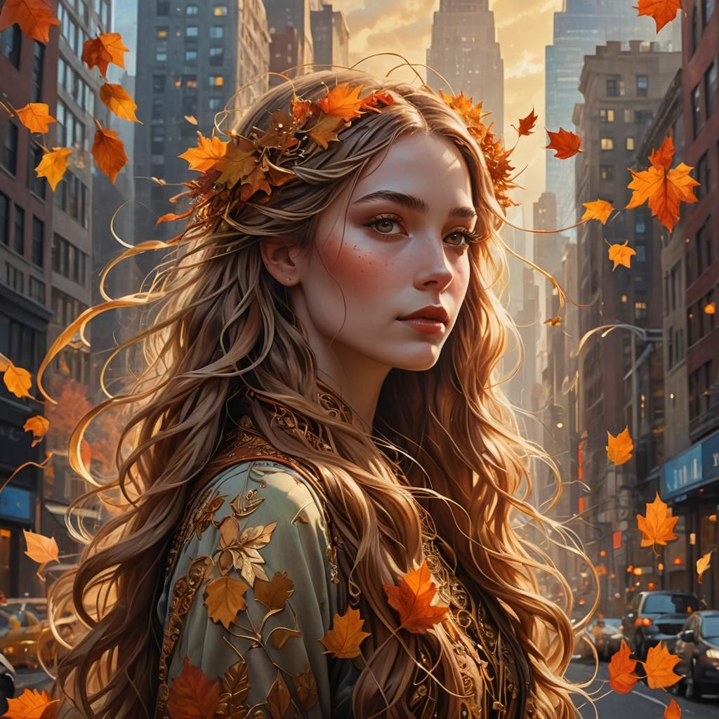 Autumn Woman in New York: Art Nouveau Portrait