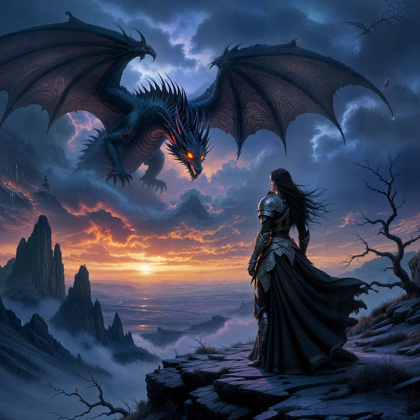 Gothic Warrior Battles Dragon on Stormy Moor