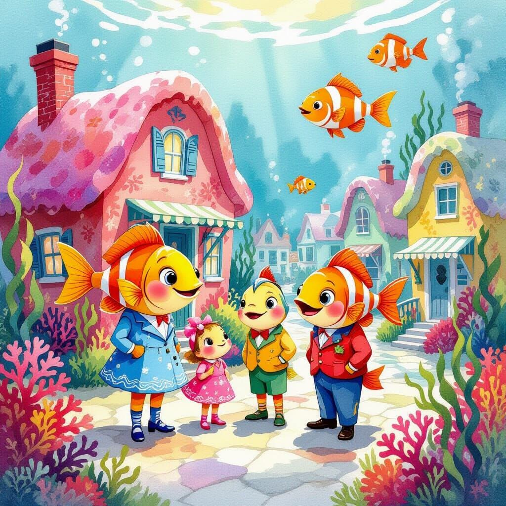 Retro Fish Family in Underwater City as Whimsical Art