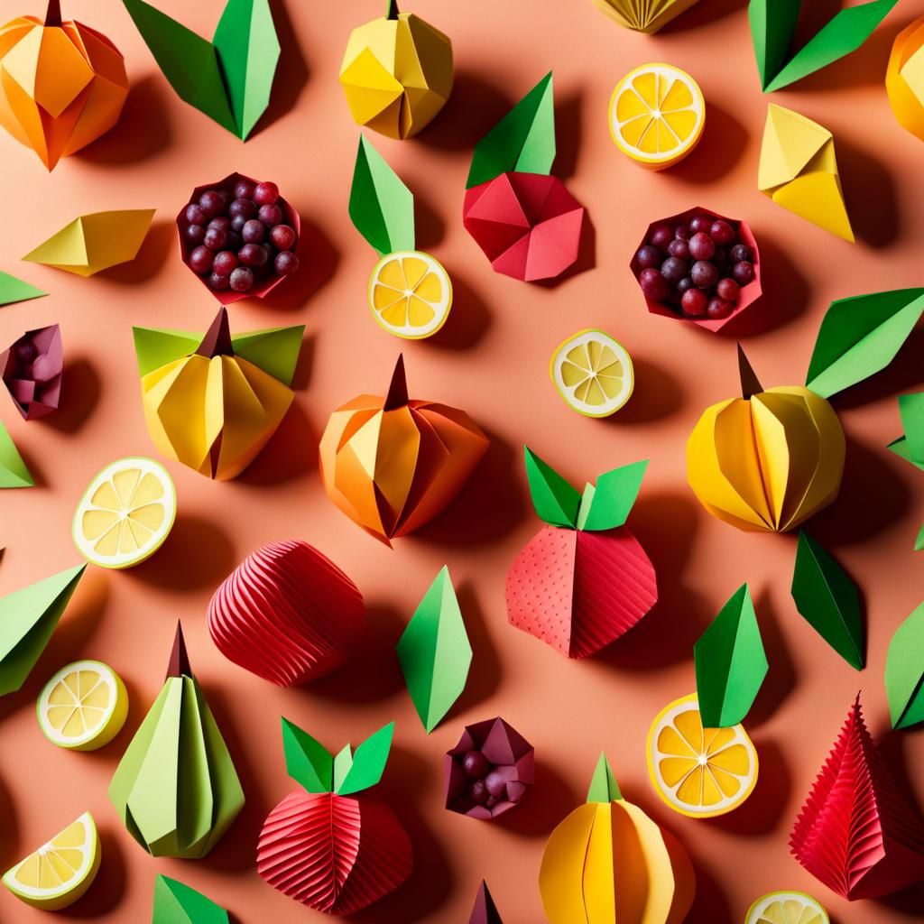Surreal Origami Fruit Tree in Morning Light