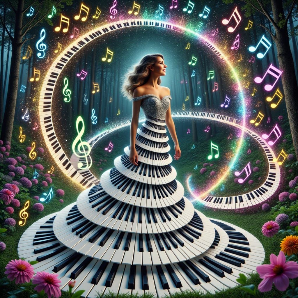 Ethereal Piano Goddess in Iridescent Gown Enters Musical Rea...