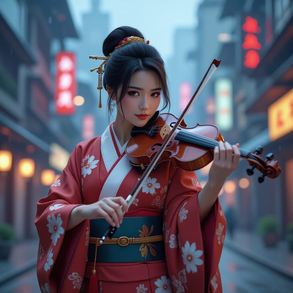 Futuristic Japanese Violinist in Cyberpunk Cityscape