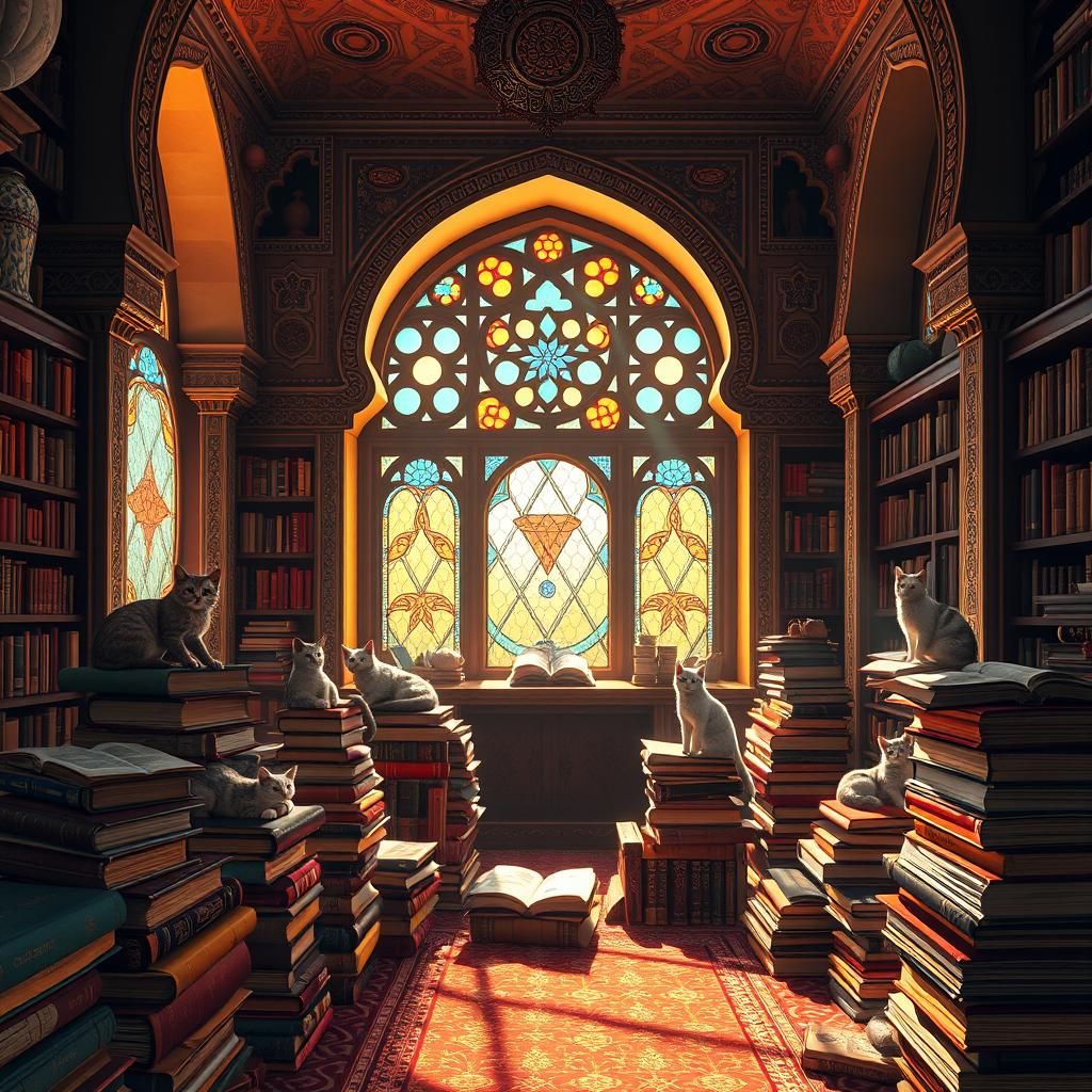 Enchanted Moroccan Library with Cats, Matte Painting