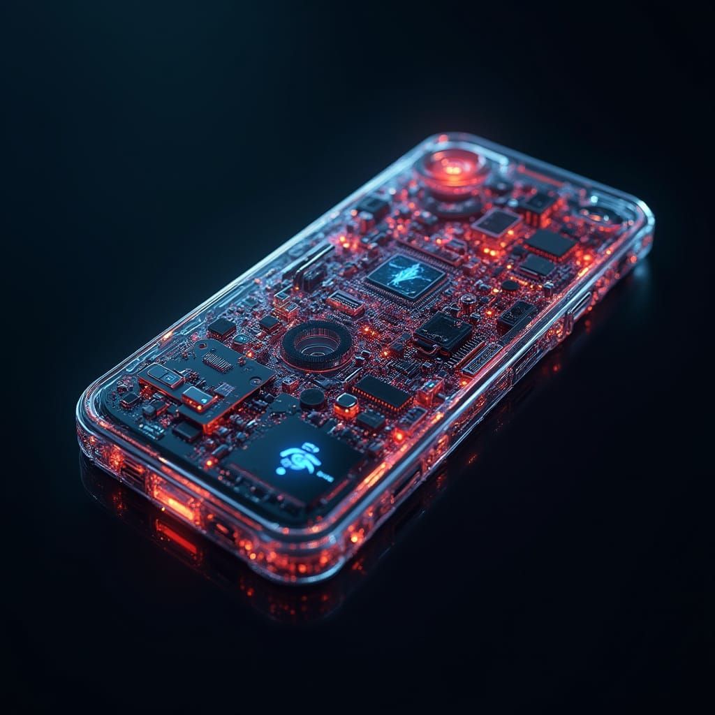 Glowing Electronic Cityscape on Transparent Smartphone