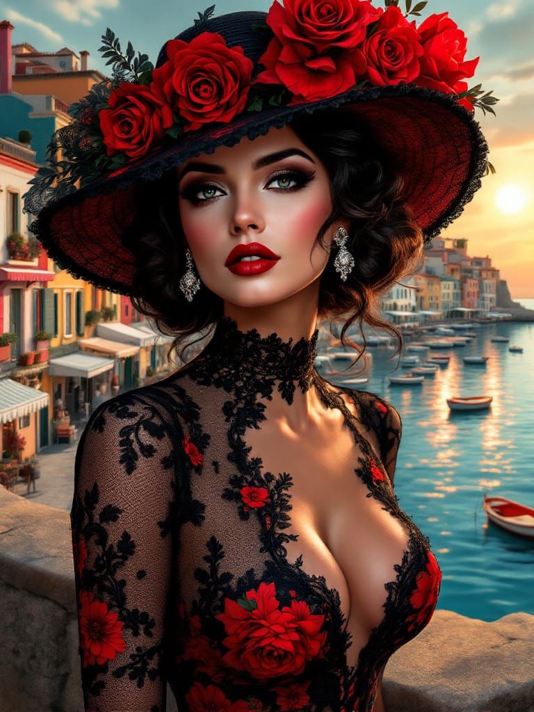Glamorous Woman in Retro Style Seaside Scene