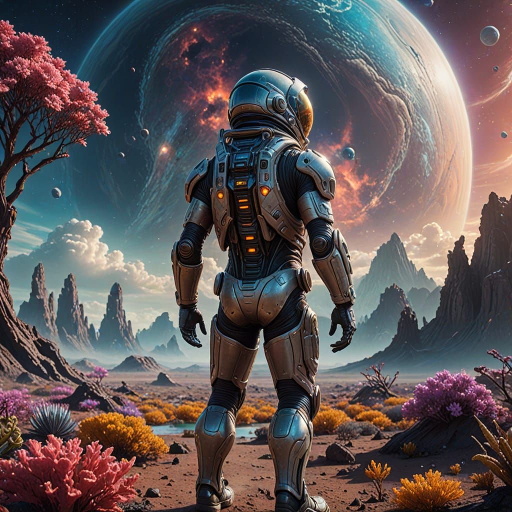 Alien Astronaut Explores Fantastical Planet
