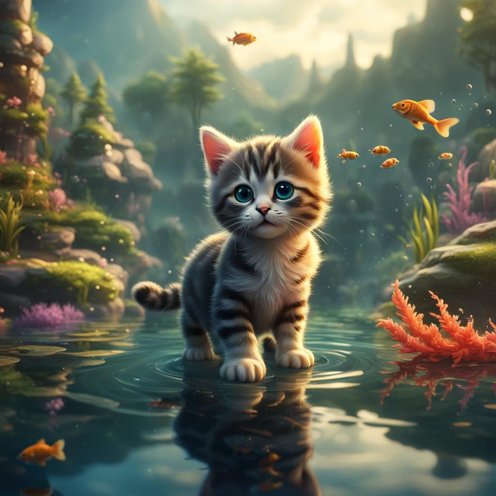 Kitten Gazing at Fish: Detailed Fantasy Art