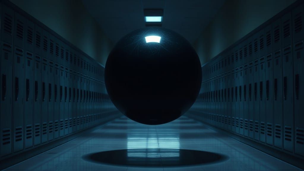 Mysterious Obsidian Orb Levitating in Empty School Hallway