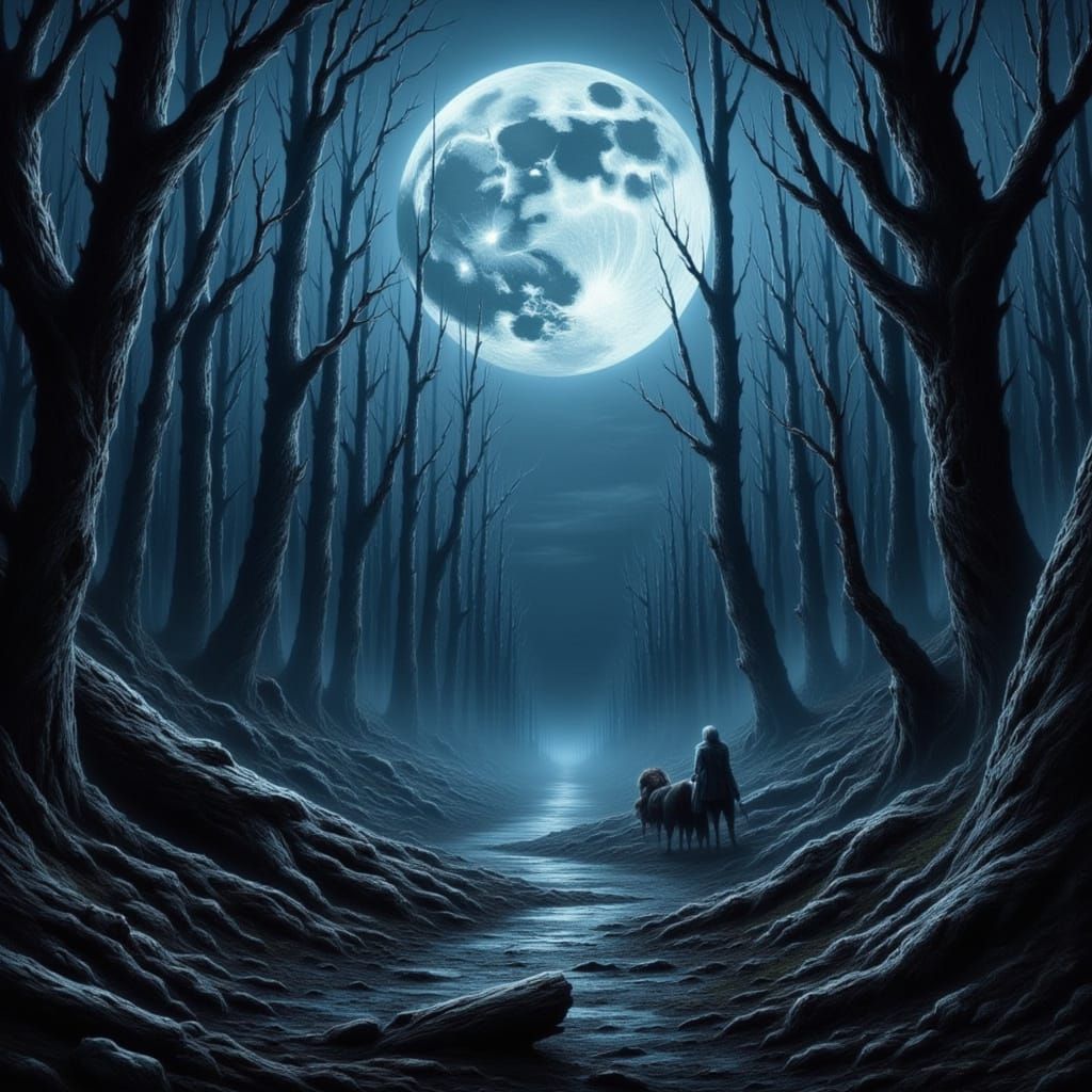 Eerie Eldritch Forest Under Spooky Moonlight